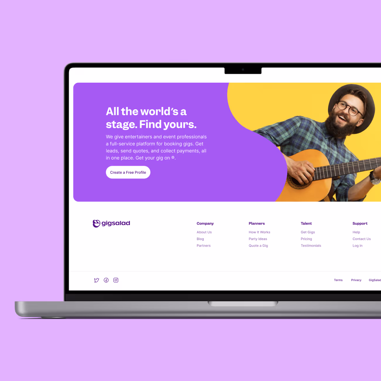 Laptop screen showing GigSalad website with a man playing guitar and text about booking gigs on a purple and yellow background.